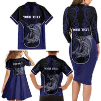 Personalised New Zealand Aotearoa Family Matching Long Sleeve Bodycon Dress and Hawaiian Shirt Blue Marlin Fishing Maori Pattern LT05 - Polynesian Pride
