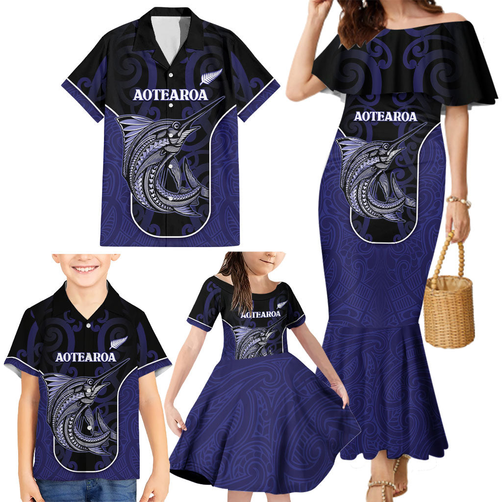 Personalised New Zealand Aotearoa Family Matching Mermaid Dress and Hawaiian Shirt Blue Marlin Fishing Maori Pattern LT05 - Polynesian Pride