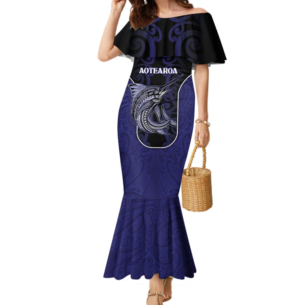 Personalised New Zealand Aotearoa Family Matching Mermaid Dress and Hawaiian Shirt Blue Marlin Fishing Maori Pattern LT05 Mom's Dress Black - Polynesian Pride