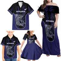 Personalised New Zealand Aotearoa Family Matching Off Shoulder Maxi Dress and Hawaiian Shirt Blue Marlin Fishing Maori Pattern LT05 - Polynesian Pride