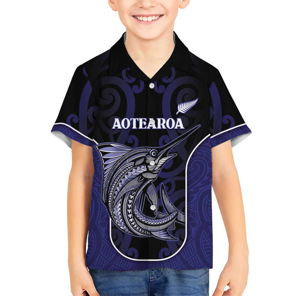 Personalised New Zealand Aotearoa Family Matching Off Shoulder Maxi Dress and Hawaiian Shirt Blue Marlin Fishing Maori Pattern LT05 Son's Shirt Black - Polynesian Pride
