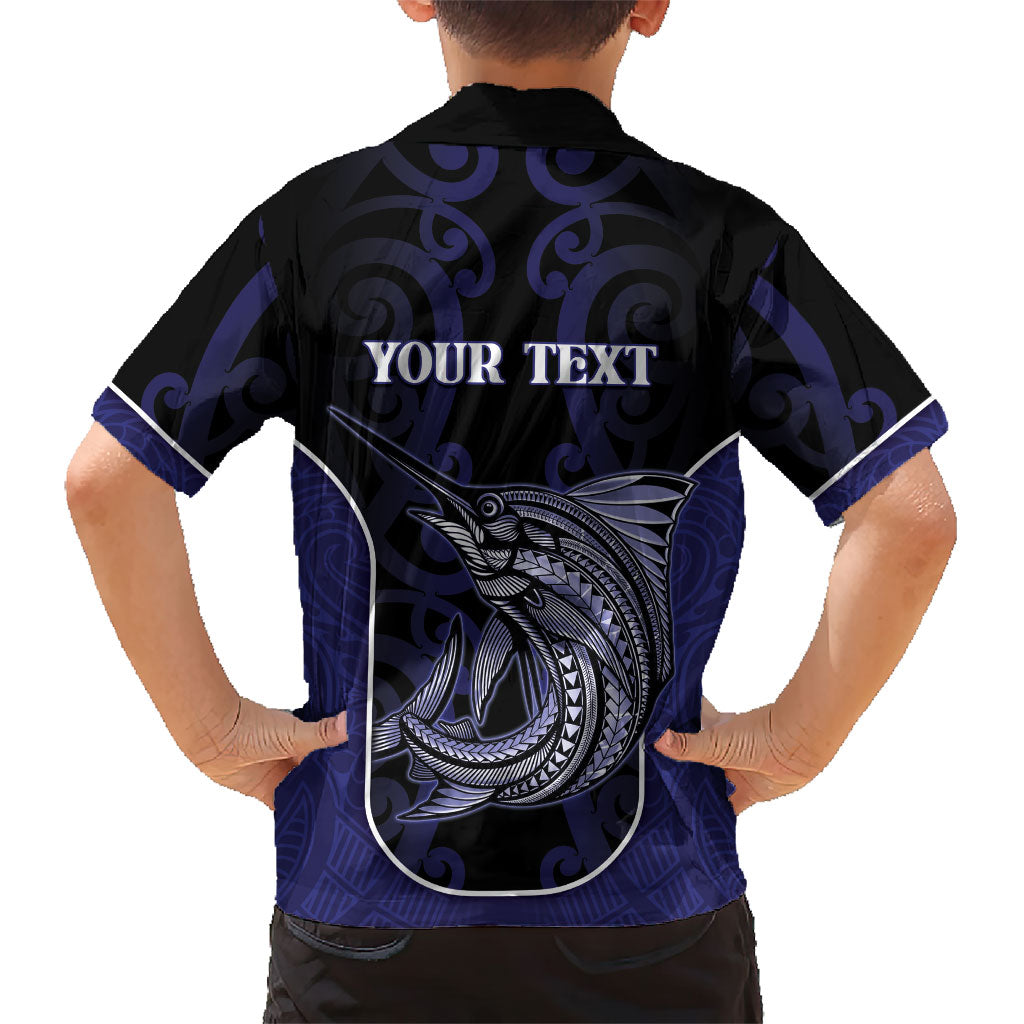 Personalised New Zealand Aotearoa Family Matching Off Shoulder Short Dress and Hawaiian Shirt Blue Marlin Fishing Maori Pattern LT05 - Polynesian Pride