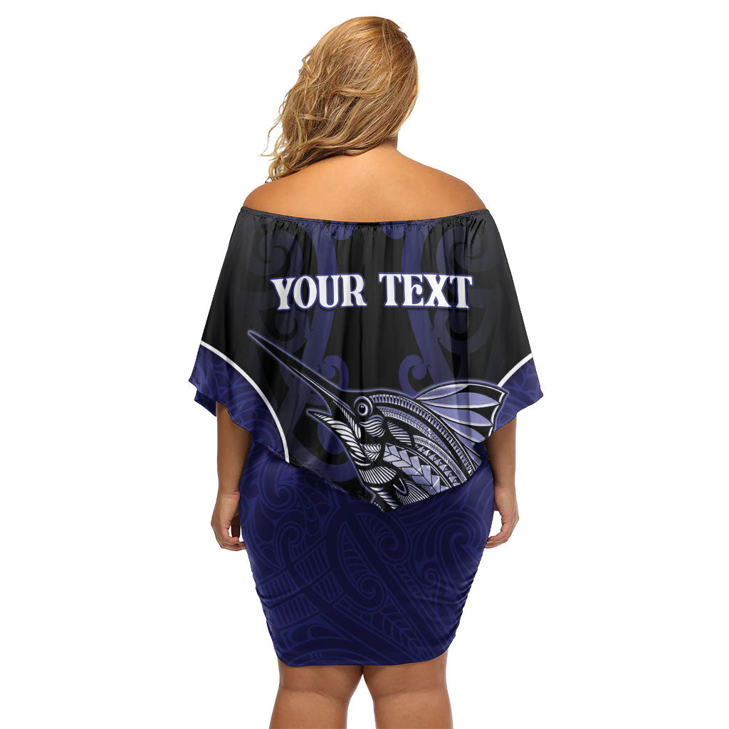 Personalised New Zealand Aotearoa Family Matching Off Shoulder Short Dress and Hawaiian Shirt Blue Marlin Fishing Maori Pattern LT05 - Polynesian Pride