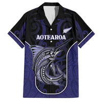 Personalised New Zealand Aotearoa Family Matching Puletasi and Hawaiian Shirt Blue Marlin Fishing Maori Pattern LT05 Dad's Shirt - Short Sleeve Black - Polynesian Pride