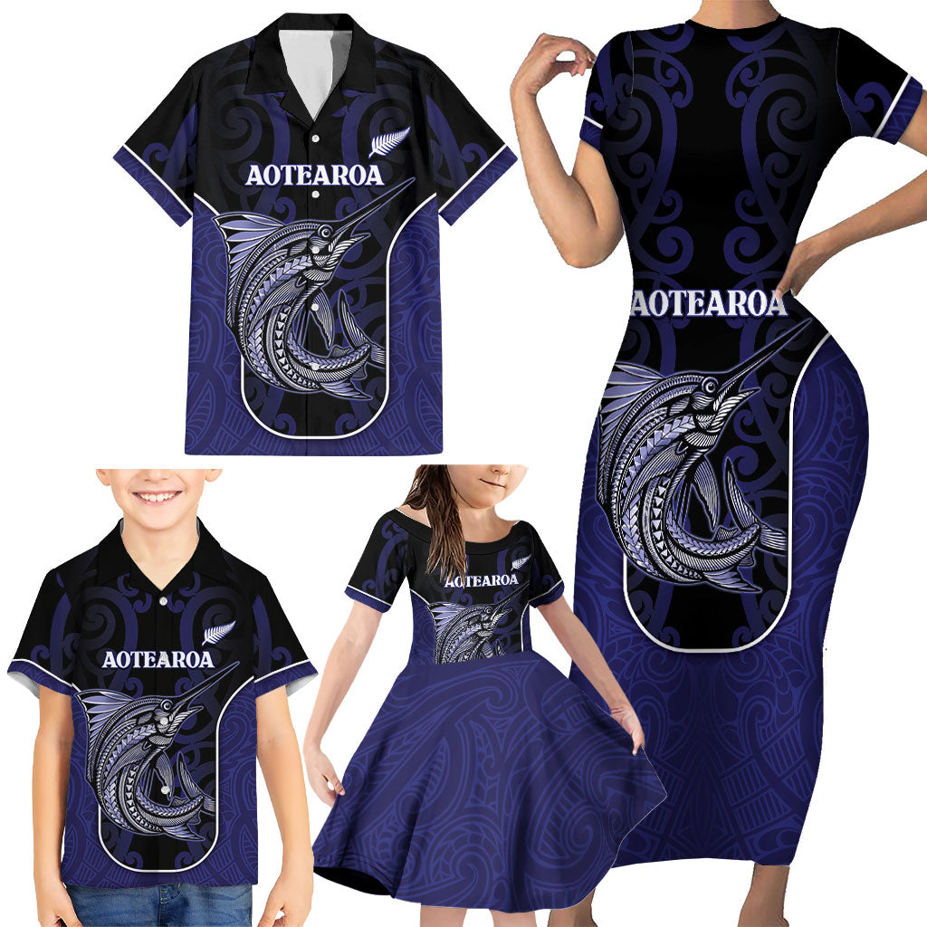Personalised New Zealand Aotearoa Family Matching Short Sleeve Bodycon Dress and Hawaiian Shirt Blue Marlin Fishing Maori Pattern