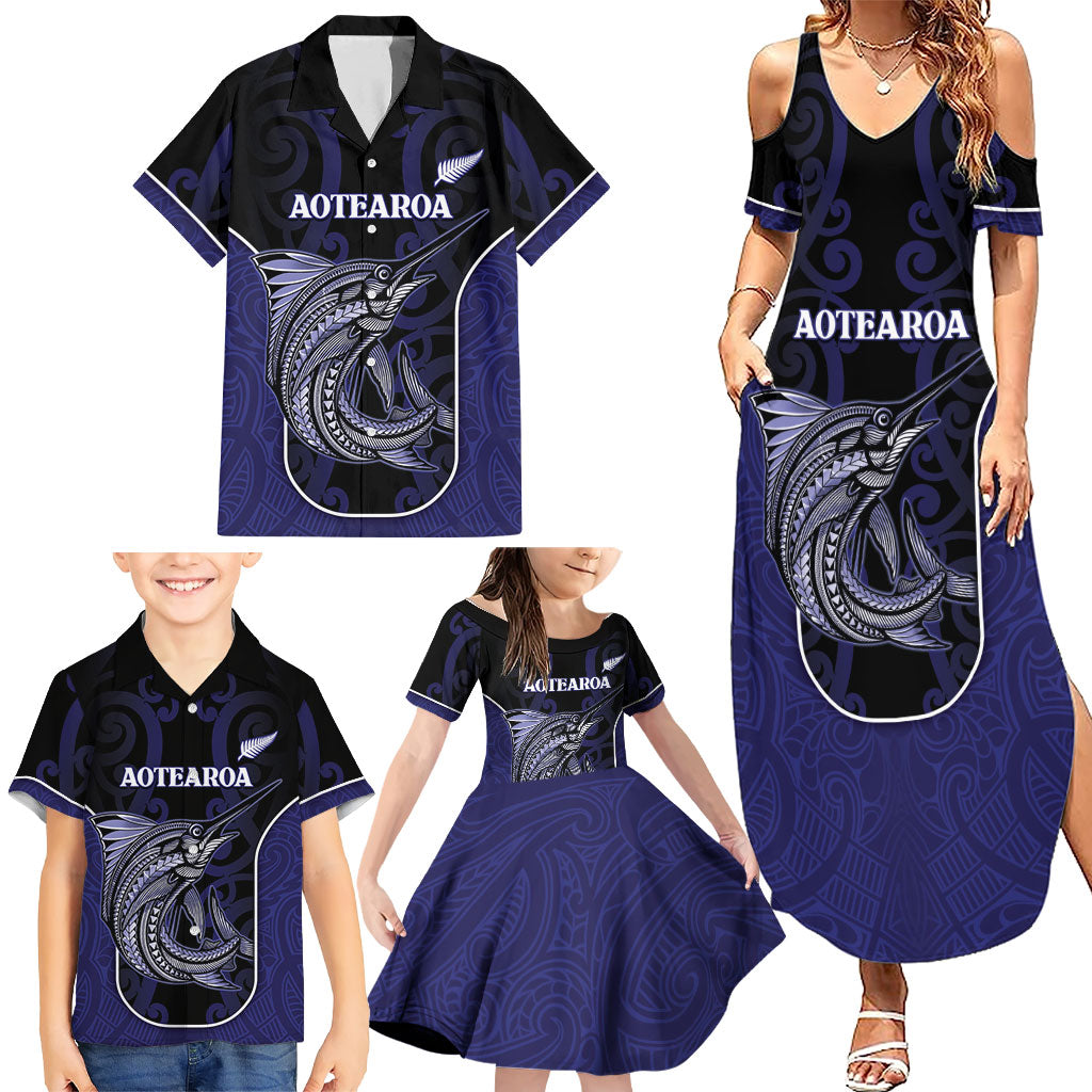 Personalised New Zealand Aotearoa Family Matching Summer Maxi Dress and Hawaiian Shirt Blue Marlin Fishing Maori Pattern LT05 - Polynesian Pride
