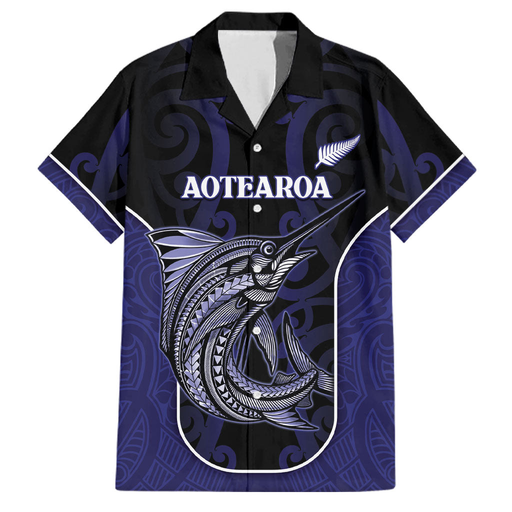 Personalised New Zealand Aotearoa Family Matching Summer Maxi Dress and Hawaiian Shirt Blue Marlin Fishing Maori Pattern LT05 Dad's Shirt - Short Sleeve Black - Polynesian Pride
