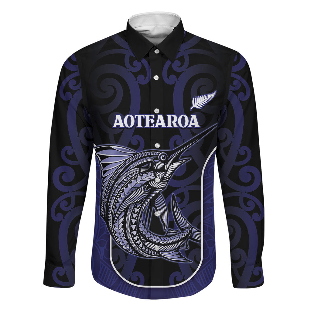 Personalised New Zealand Aotearoa Family Matching Summer Maxi Dress and Hawaiian Shirt Blue Marlin Fishing Maori Pattern LT05 Dad's Shirt - Long Sleeve Black - Polynesian Pride