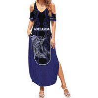 Personalised New Zealand Aotearoa Family Matching Summer Maxi Dress and Hawaiian Shirt Blue Marlin Fishing Maori Pattern LT05 Mom's Dress Black - Polynesian Pride