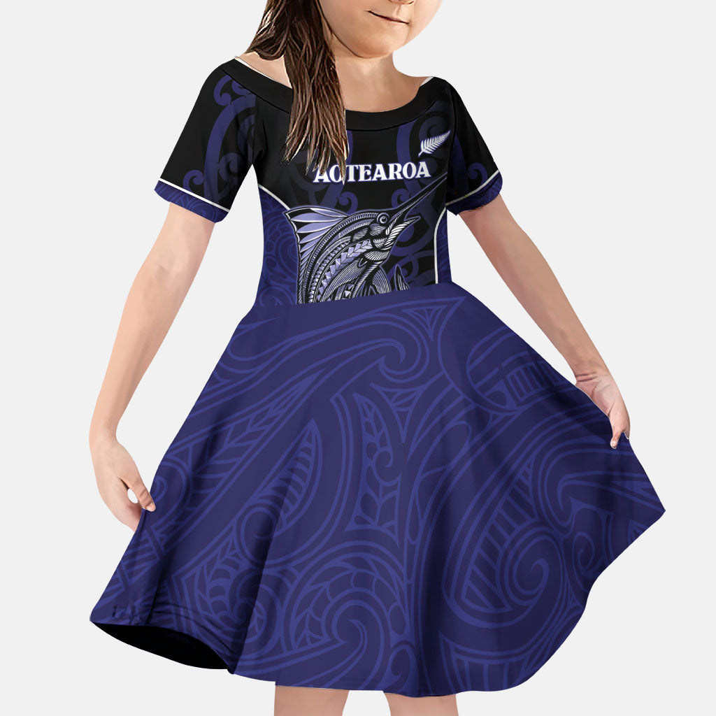 Personalised New Zealand Aotearoa Family Matching Tank Maxi Dress and Hawaiian Shirt Blue Marlin Fishing Maori Pattern LT05 Daughter's Dress Black - Polynesian Pride