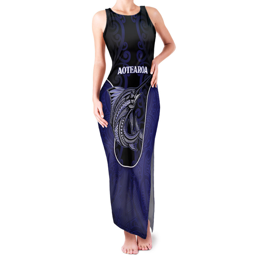 Personalised New Zealand Aotearoa Family Matching Tank Maxi Dress and Hawaiian Shirt Blue Marlin Fishing Maori Pattern LT05 Mom's Dress Black - Polynesian Pride