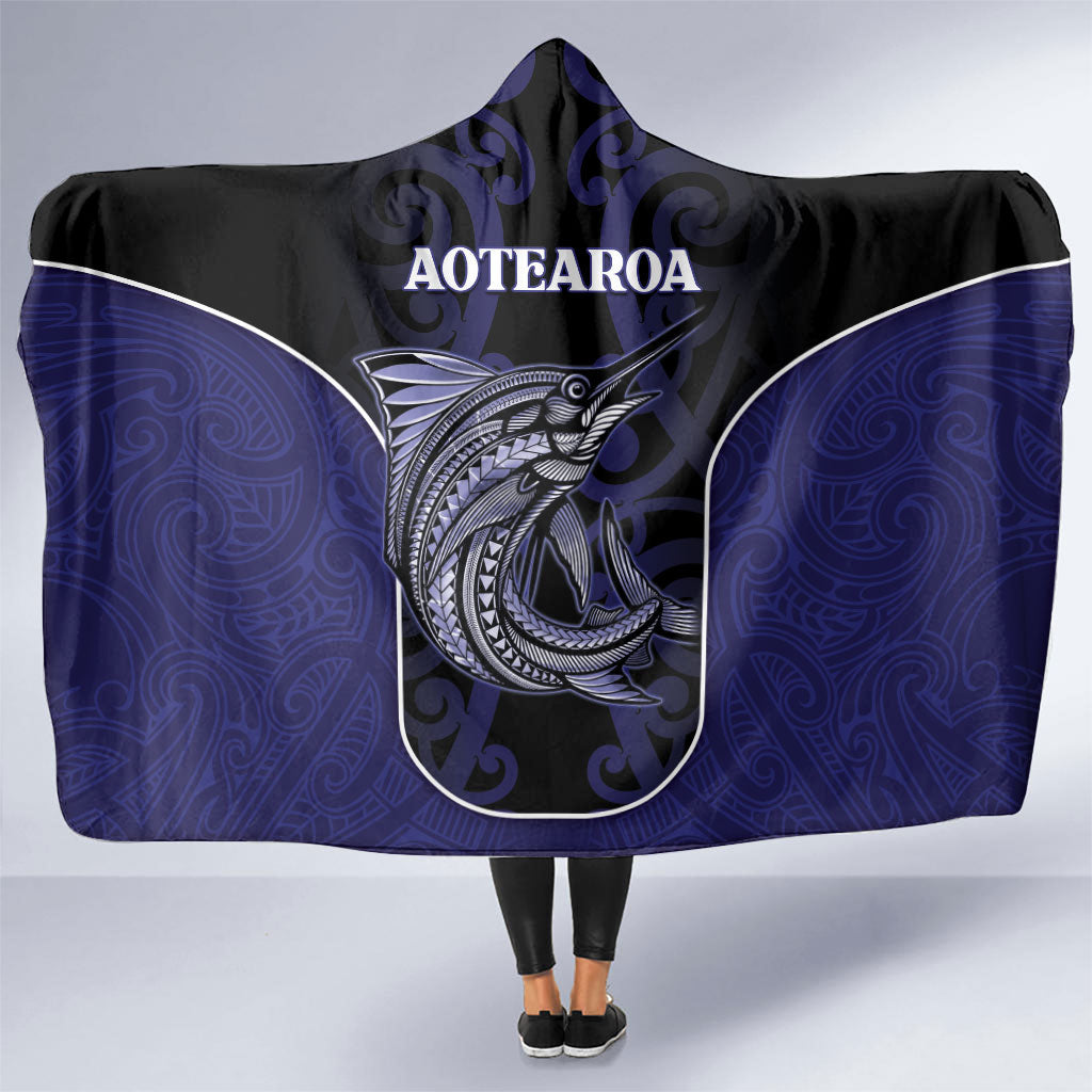 New Zealand Aotearoa Hooded Blanket Blue Marlin Fishing Maori Pattern