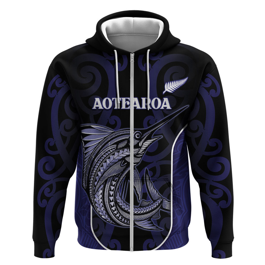 Personalised New Zealand Aotearoa Hoodie Blue Marlin Fishing Maori Pattern