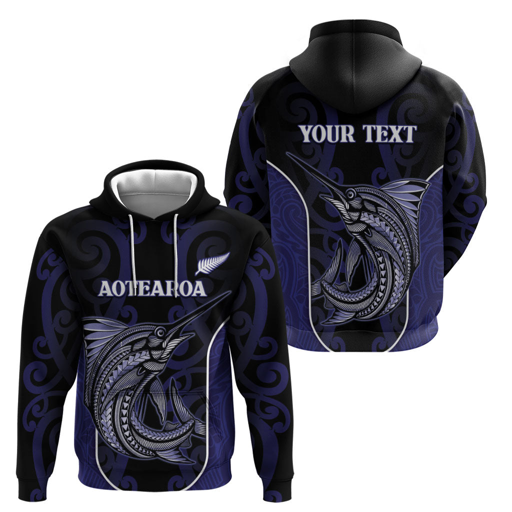 Personalised New Zealand Aotearoa Hoodie Blue Marlin Fishing Maori Pattern