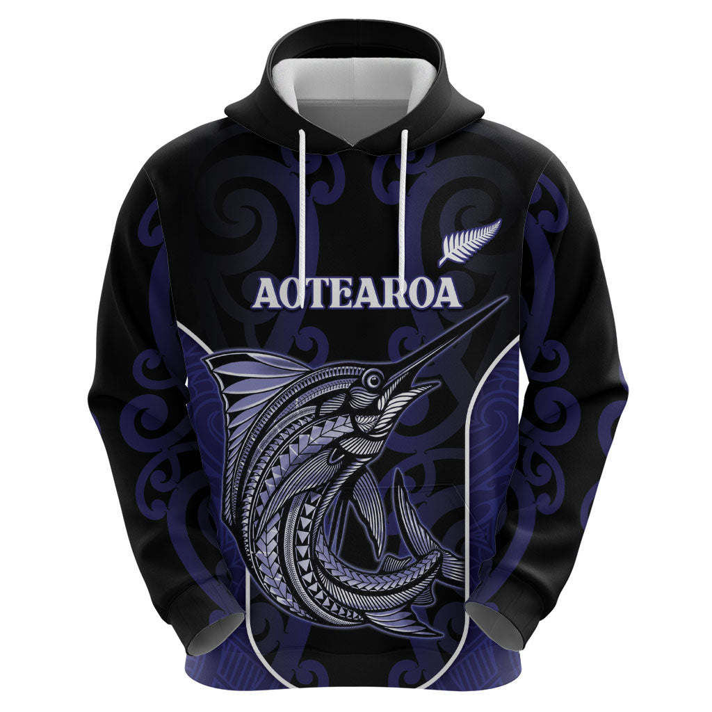 Personalised New Zealand Aotearoa Hoodie Blue Marlin Fishing Maori Pattern