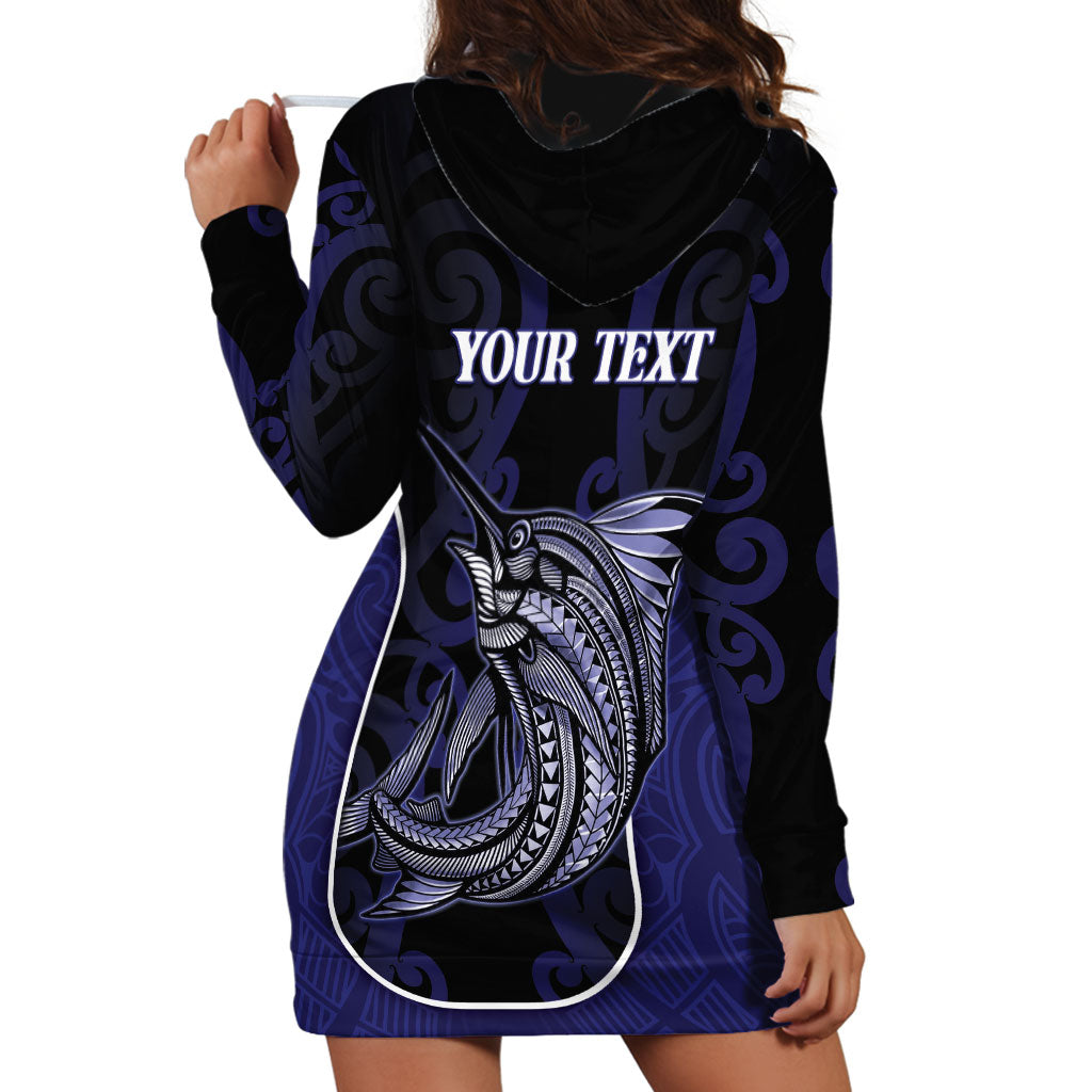Personalised New Zealand Aotearoa Hoodie Dress Blue Marlin Fishing Maori Pattern