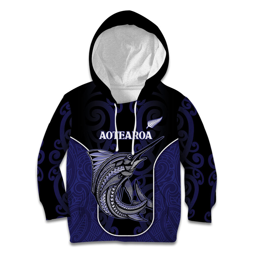 Personalised New Zealand Aotearoa Kid Hoodie Blue Marlin Fishing Maori Pattern