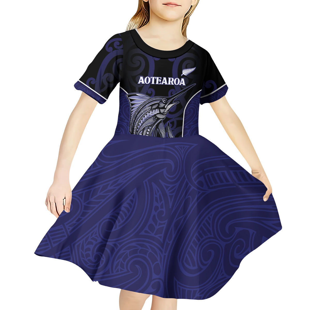Personalised New Zealand Aotearoa Kid Short Sleeve Dress Blue Marlin Fishing Maori Pattern
