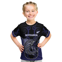 Personalised New Zealand Aotearoa Kid T Shirt Blue Marlin Fishing Maori Pattern