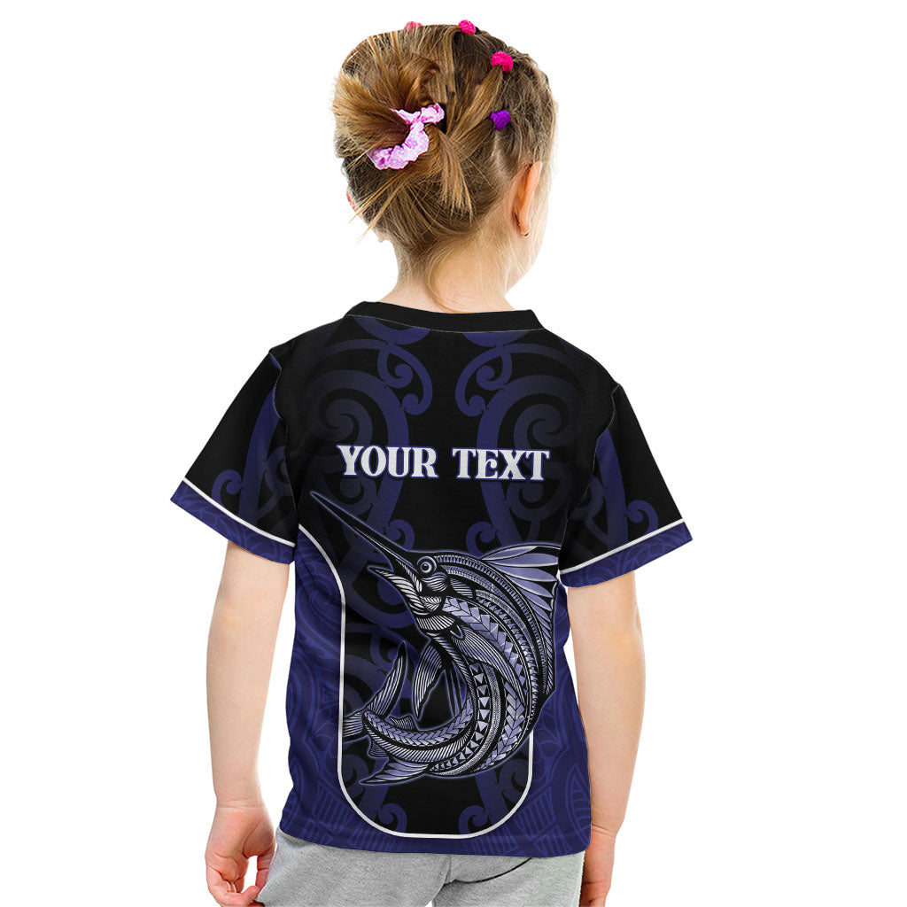 Personalised New Zealand Aotearoa Kid T Shirt Blue Marlin Fishing Maori Pattern