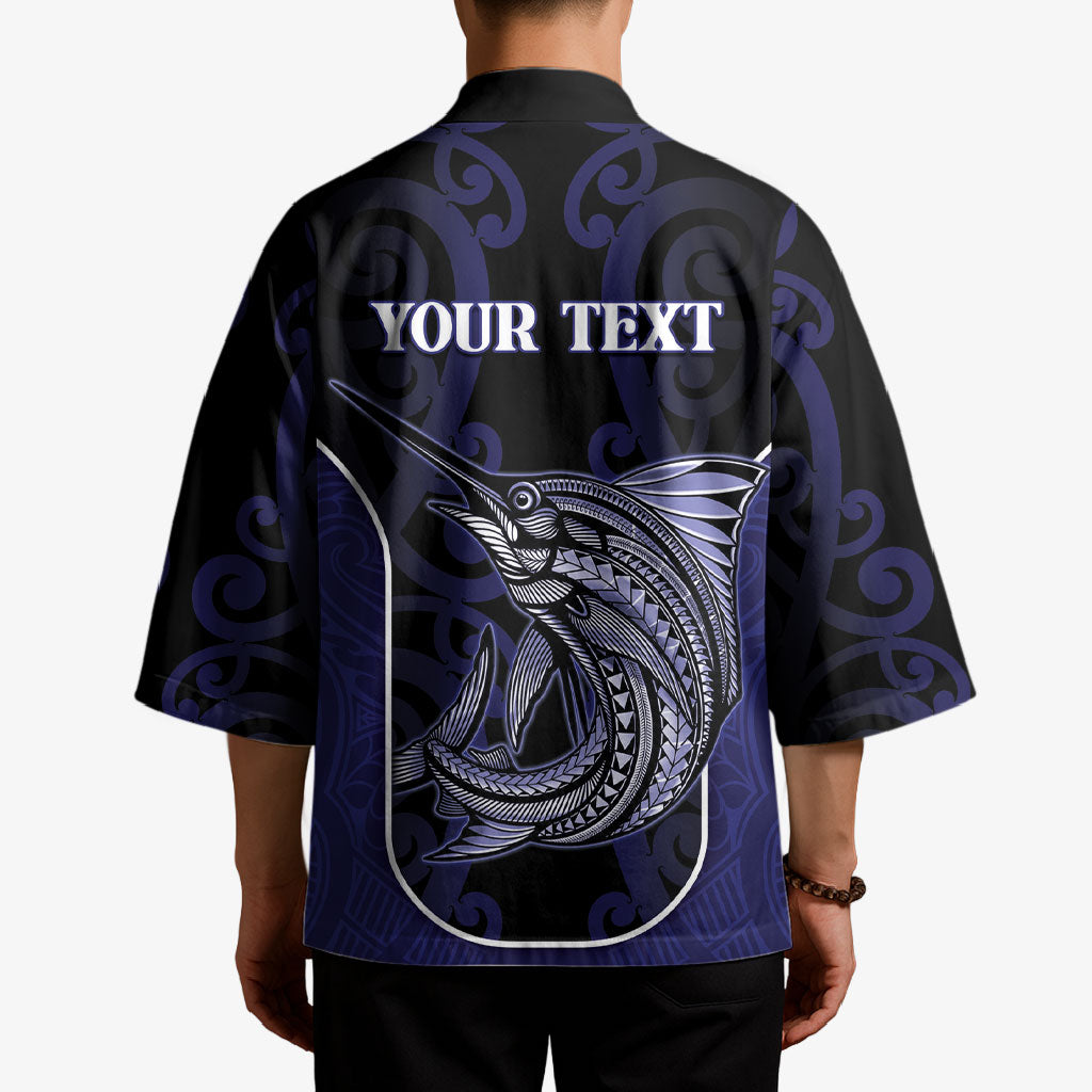 Personalised New Zealand Aotearoa Kimono Blue Marlin Fishing Maori Pattern