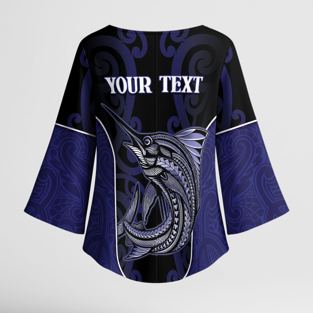 Personalised New Zealand Aotearoa Kimono Sleeve Blouse Blue Marlin Fishing Maori Pattern