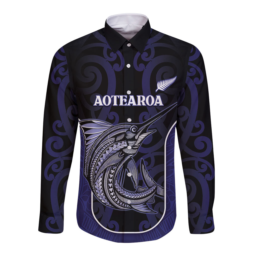 Personalised New Zealand Aotearoa Long Sleeve Button Shirt Blue Marlin Fishing Maori Pattern