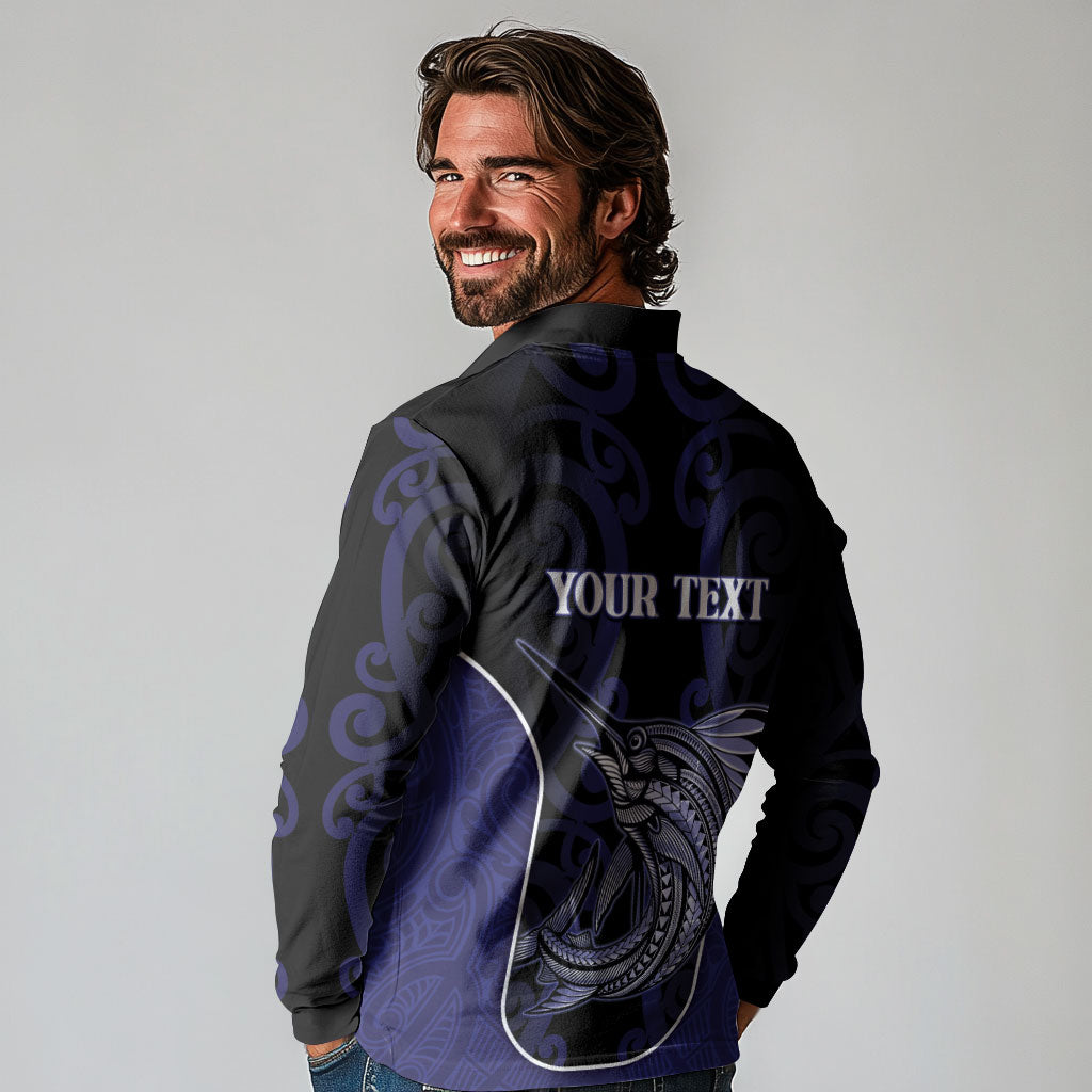 Personalised New Zealand Aotearoa Long Sleeve Polo Shirt Blue Marlin Fishing Maori Pattern