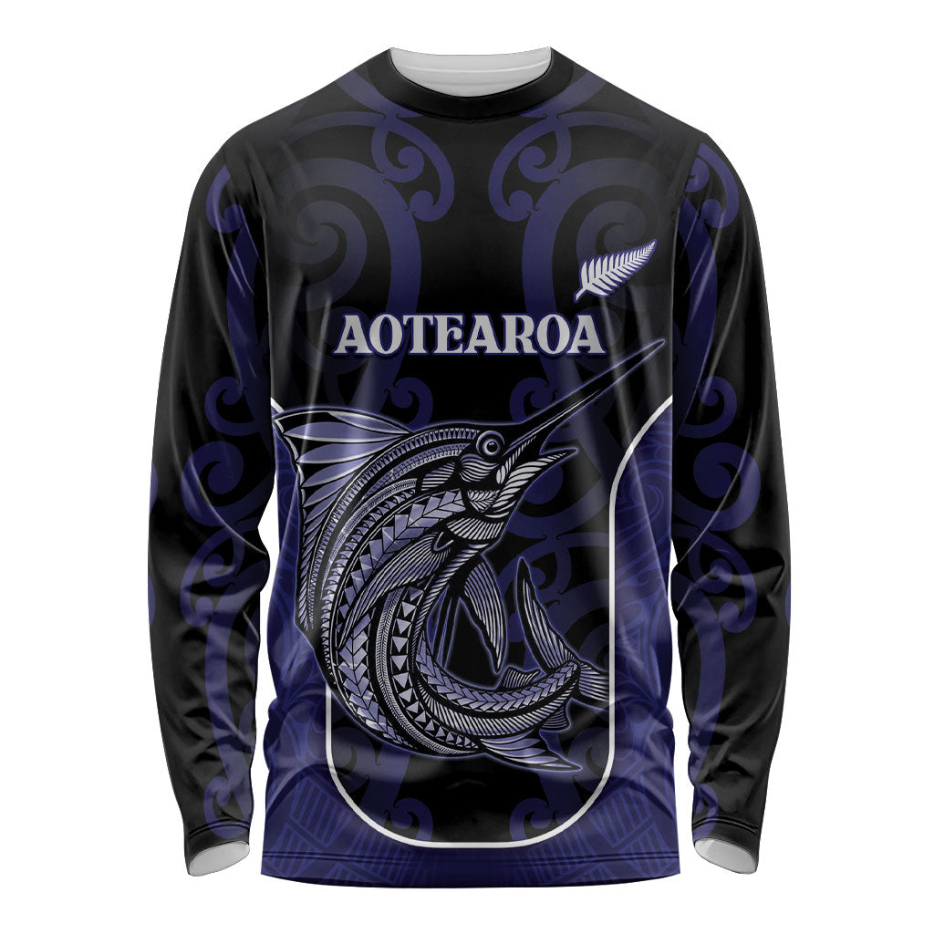 Personalised New Zealand Aotearoa Long Sleeve Shirt Blue Marlin Fishing Maori Pattern
