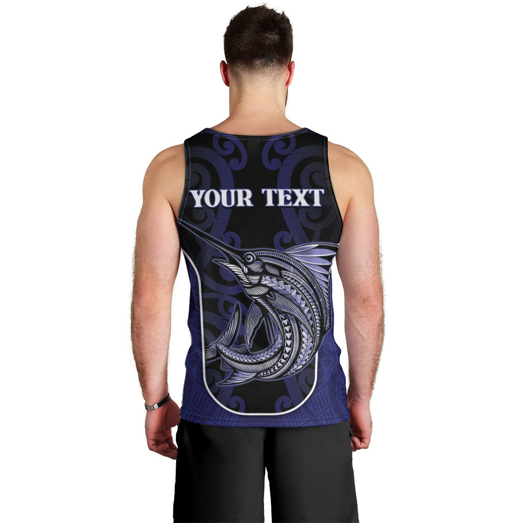 Personalised New Zealand Aotearoa Men Tank Top Blue Marlin Fishing Maori Pattern