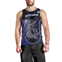 Personalised New Zealand Aotearoa Men Tank Top Blue Marlin Fishing Maori Pattern