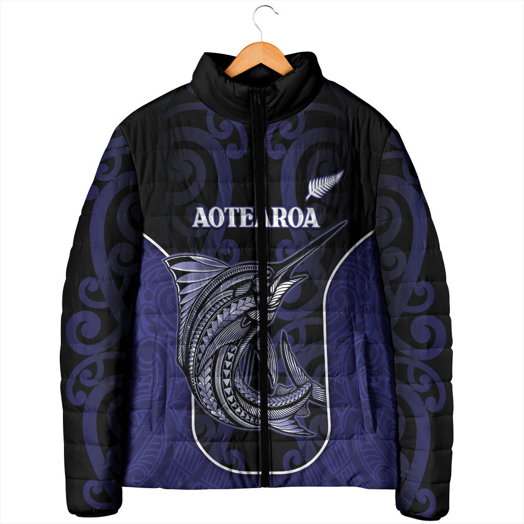Personalised New Zealand Aotearoa Padded Jacket Blue Marlin Fishing Maori Pattern