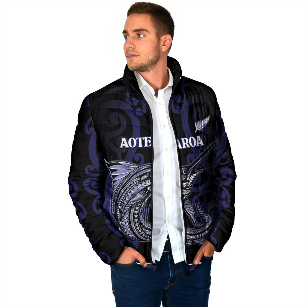 Personalised New Zealand Aotearoa Padded Jacket Blue Marlin Fishing Maori Pattern
