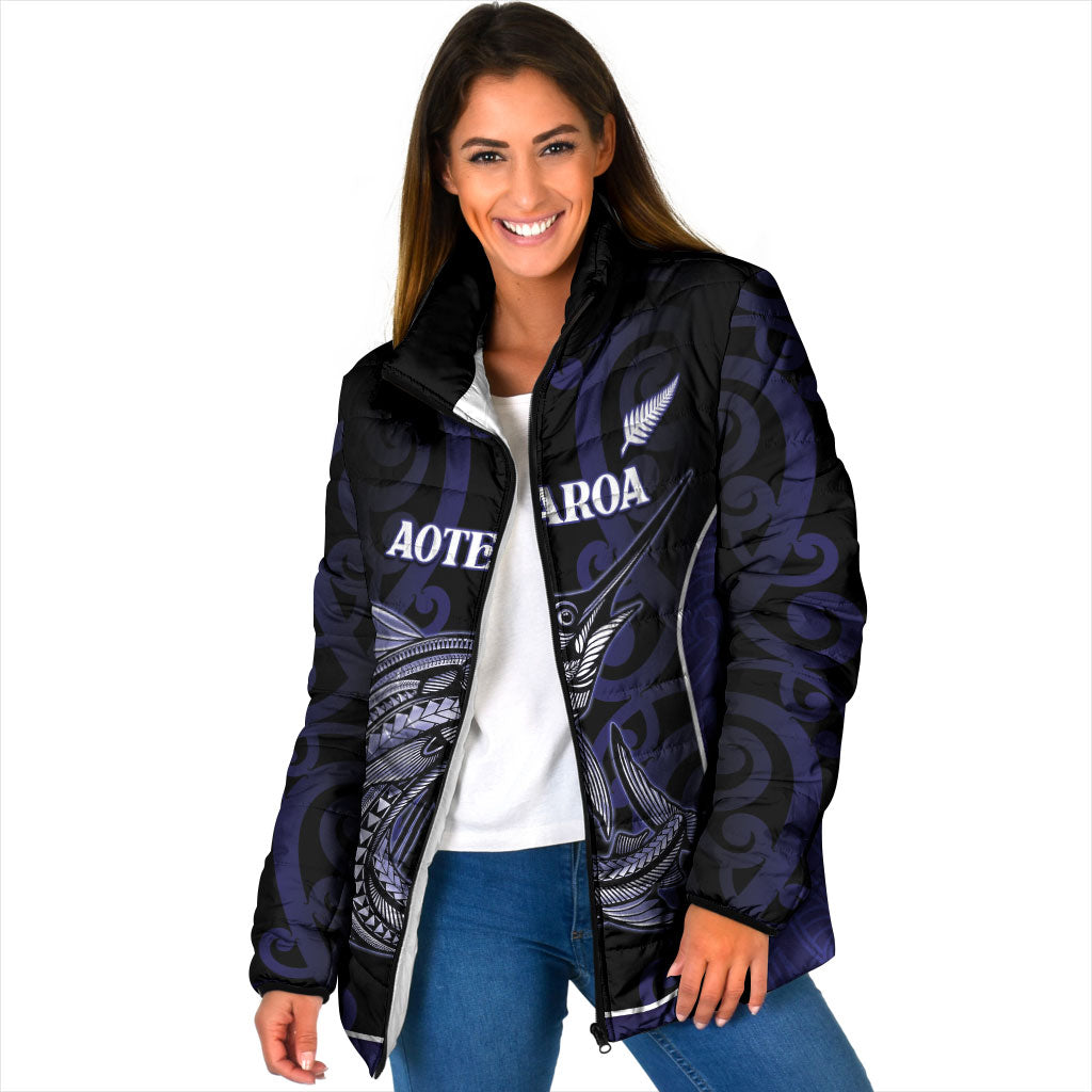 Personalised New Zealand Aotearoa Padded Jacket Blue Marlin Fishing Maori Pattern