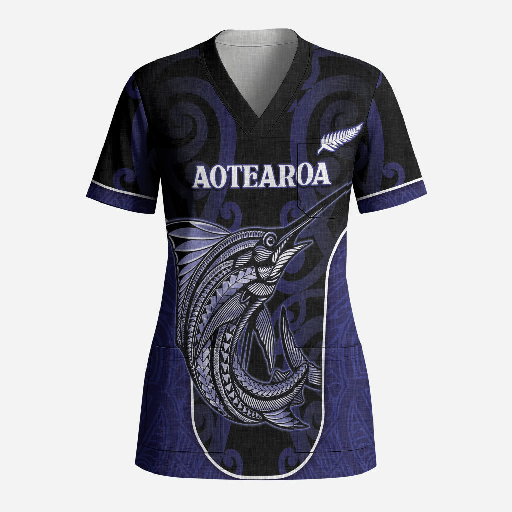 Personalised New Zealand Aotearoa Scrub Top Blue Marlin Fishing Maori Pattern