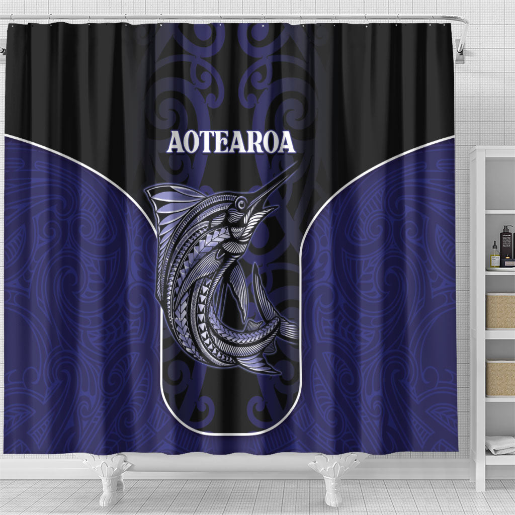New Zealand Aotearoa Shower Curtain Blue Marlin Fishing Maori Pattern