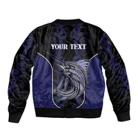 Personalised New Zealand Aotearoa Sleeve Zip Bomber Jacket Blue Marlin Fishing Maori Pattern