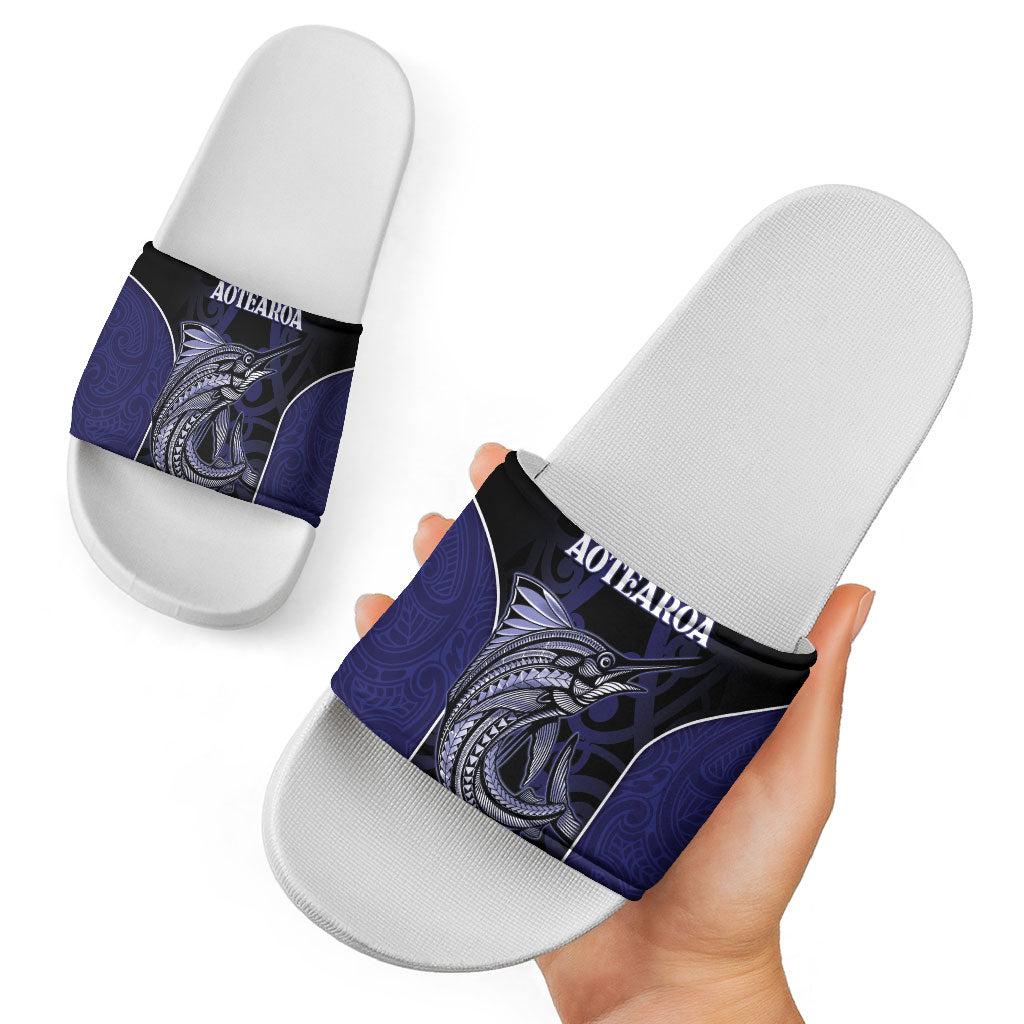 New Zealand Aotearoa Slide Sandals Blue Marlin Fishing Maori Pattern