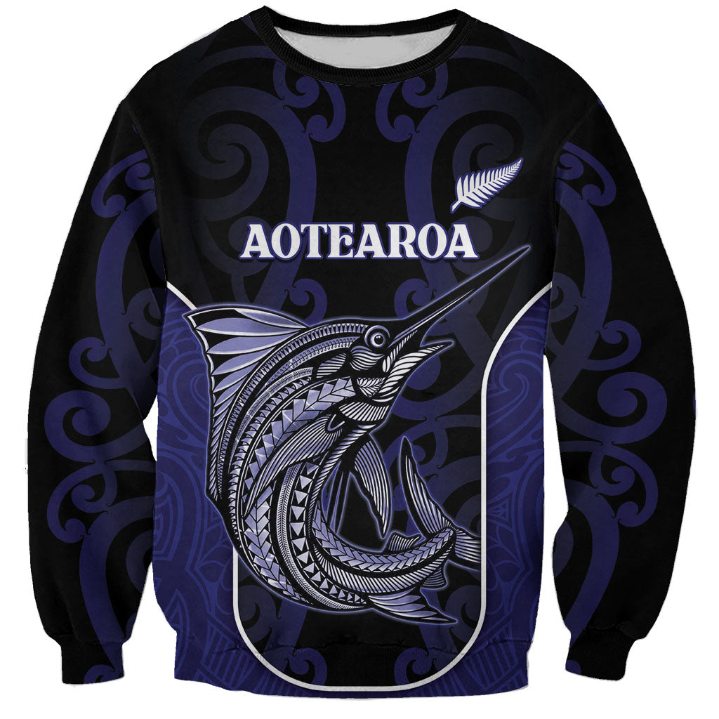 Personalised New Zealand Aotearoa Sweatshirt Blue Marlin Fishing Maori Pattern