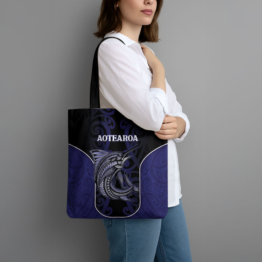 New Zealand Aotearoa Tote Bag Blue Marlin Fishing Maori Pattern