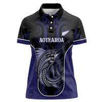 Personalised New Zealand Aotearoa Women Polo Shirt Blue Marlin Fishing Maori Pattern