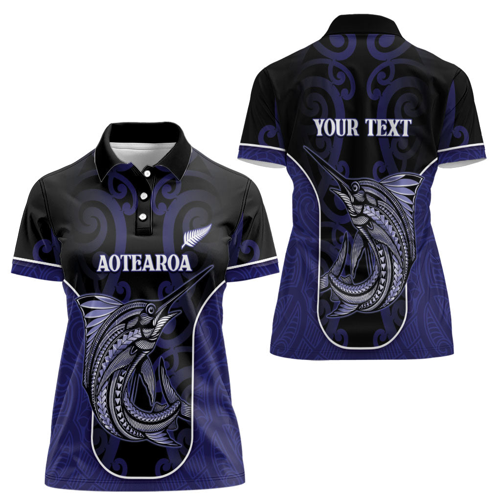 Personalised New Zealand Aotearoa Women Polo Shirt Blue Marlin Fishing Maori Pattern