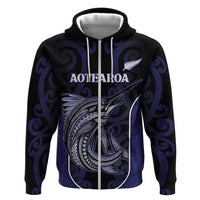 Personalised New Zealand Aotearoa Zip Hoodie Blue Marlin Fishing Maori Pattern
