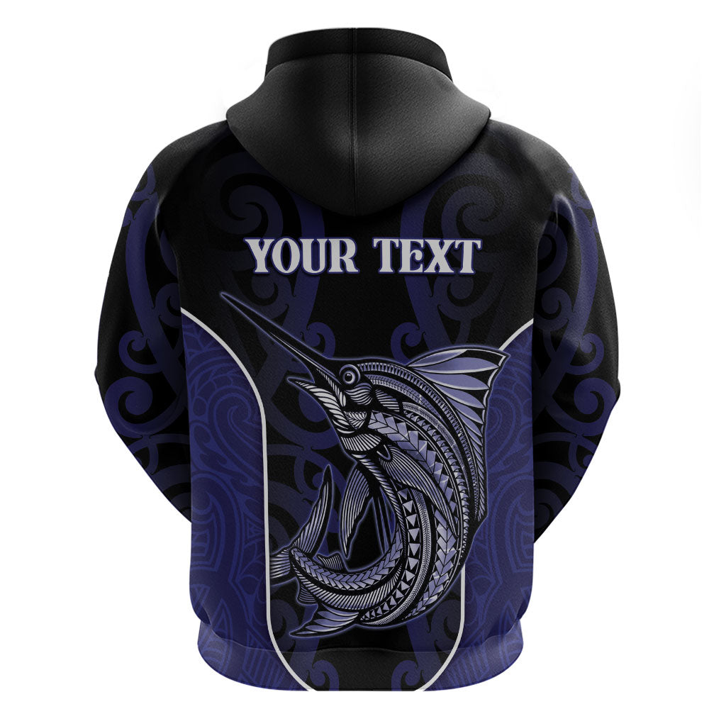 Personalised New Zealand Aotearoa Zip Hoodie Blue Marlin Fishing Maori Pattern