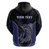 Personalised New Zealand Aotearoa Zip Hoodie Blue Marlin Fishing Maori Pattern