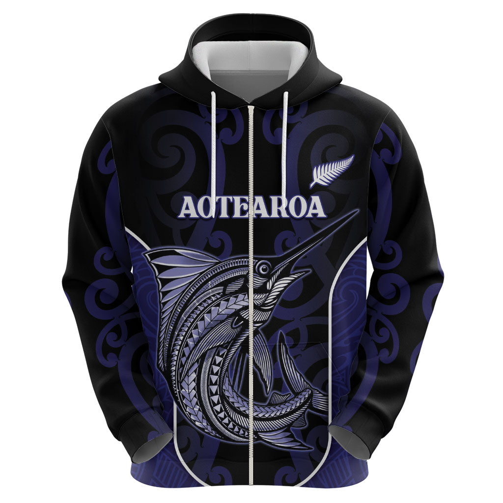 Personalised New Zealand Aotearoa Zip Hoodie Blue Marlin Fishing Maori Pattern