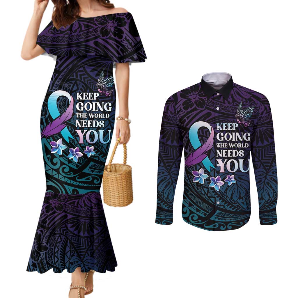 Polynesia Suicide Prevention Awareness Couples Matching Mermaid Dress and Long Sleeve Button Shirt Keep Going The World Needs You