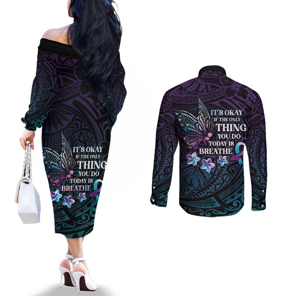 Polynesia Suicide Prevention Awareness Couples Matching Off The Shoulder Long Sleeve Dress and Long Sleeve Button Shirt Keep Going The World Needs You