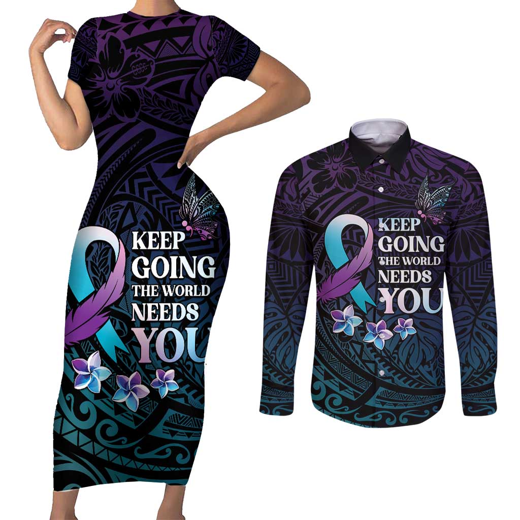 Polynesia Suicide Prevention Awareness Couples Matching Short Sleeve Bodycon Dress and Long Sleeve Button Shirt Keep Going The World Needs You