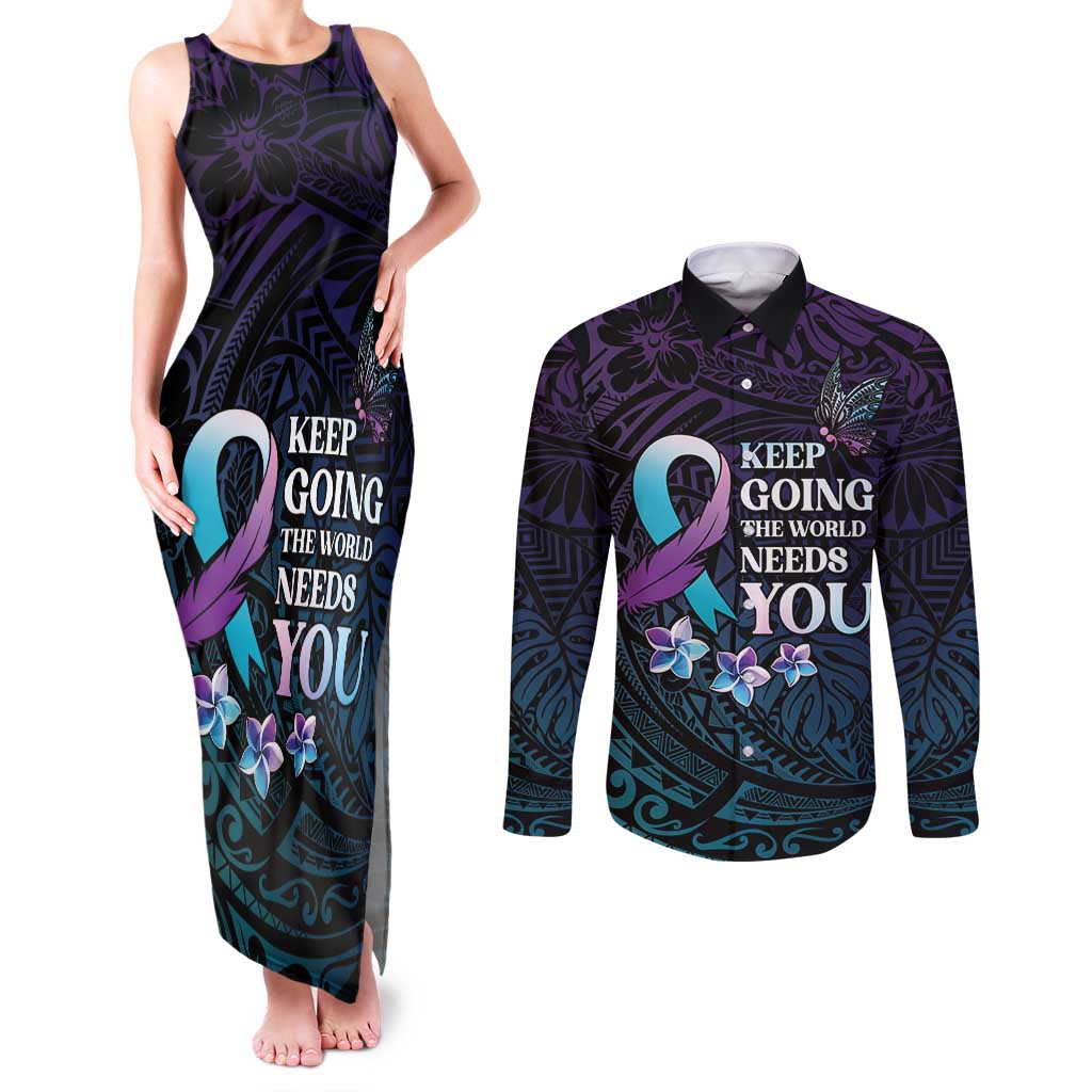 Polynesia Suicide Prevention Awareness Couples Matching Tank Maxi Dress and Long Sleeve Button Shirt Keep Going The World Needs You